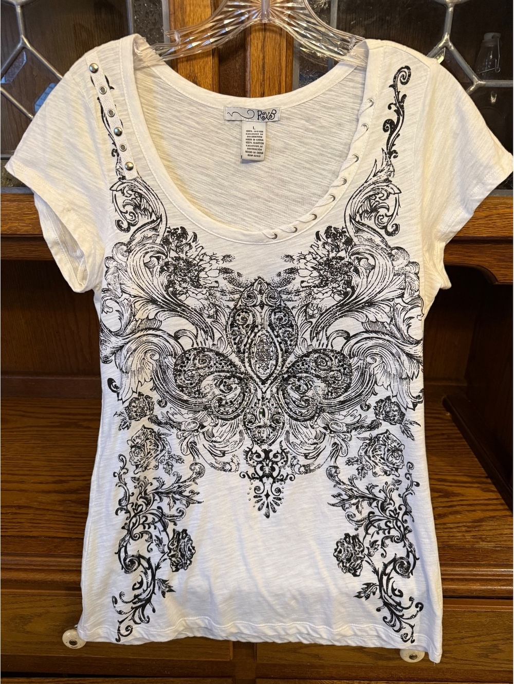 RXB Y2K Fleur De Lis Rhinestone Studded Tee Lace Up Grunge Bling White L